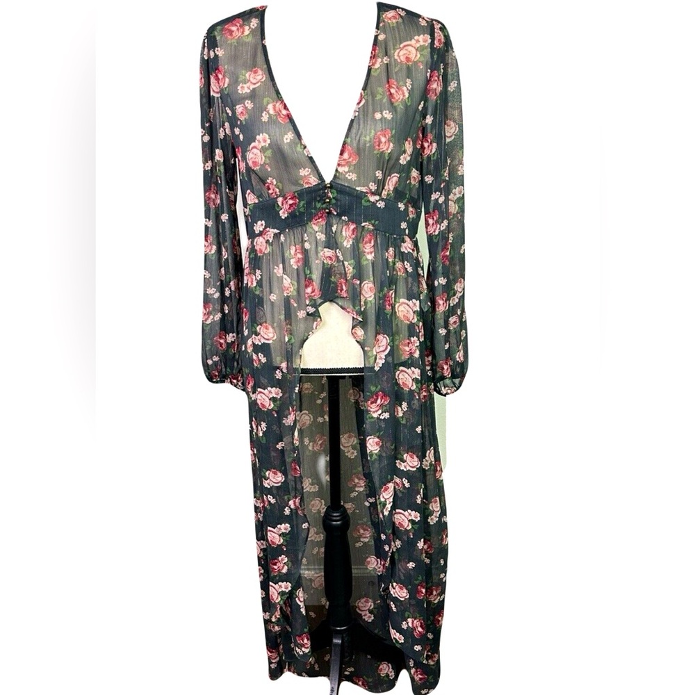 Chelsea & Violet Long Flowy Floral Duster Black Cardigan Puff Sleeve Size Large